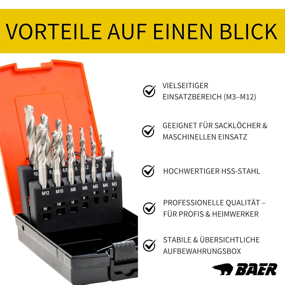 BAER Gewindeschneider Set HSSG: Maschinengewindebohrer Sackloch, Kernlochbohrer: M 3 - M 12 - Gewind