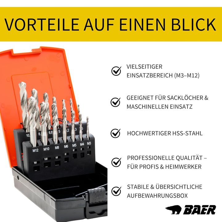 BAER Gewindeschneider Set HSSG: Maschinengewindebohrer Sackloch, Kernlochbohrer: M 3 - M 12 - Gewind