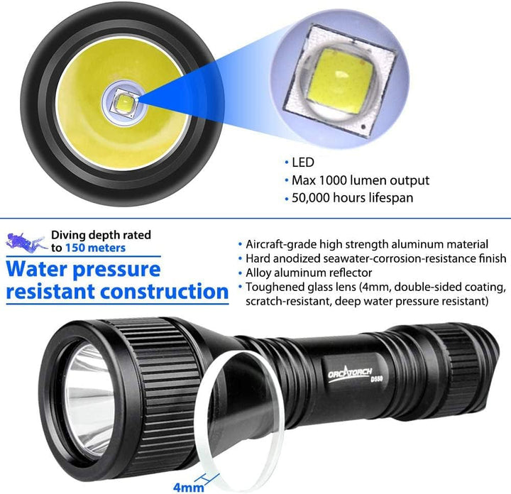 ORCATORCH D550 Tauchen Taschenlampe,Tauchlampe IP68 Wasserdicht,LED Unterwasser Lampe mit Magnetscha
