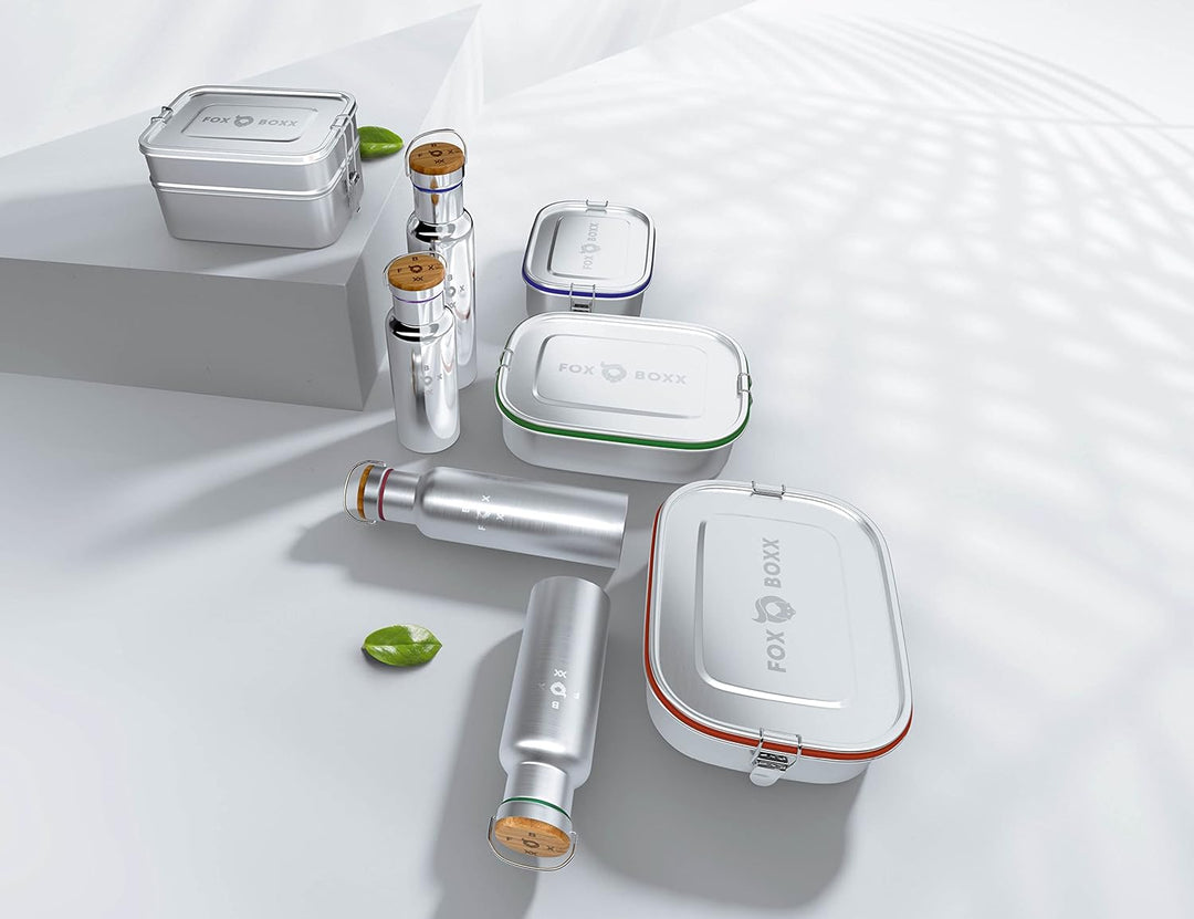 FOXBOXX Edelstahl Brotdose/Mini 800ml Special/MINI Dose 150ml 2 Deckel / 5 DEKO-Farbringe + Ersatzdi