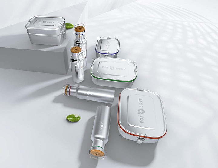 FOXBOXX Edelstahl Brotdose/Mini 800ml Special/MINI Dose 150ml 2 Deckel / 5 DEKO-Farbringe + Ersatzdi