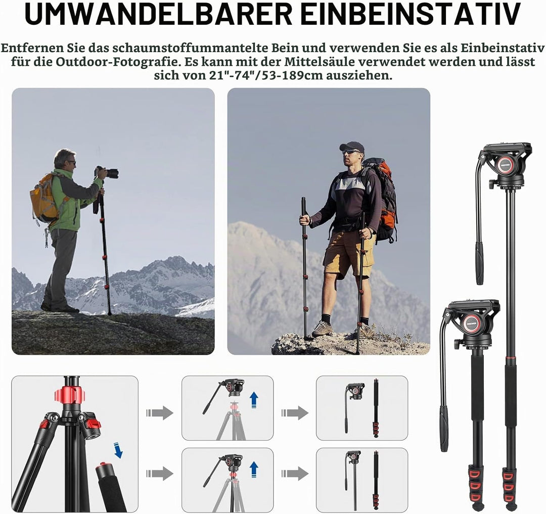 NEEWER 72" Fluidkopf Video Einbeinstativ, Schnellwechselplatte kompatibel mit DJI RS Gimbal, 360° Sc