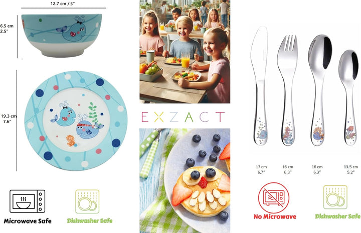Exzact Besteck Geschenkset 6 Stücken aus Edelstahl/Kindergeschirr - 1 x Schale, 1 x Teller, 1 x Tafe