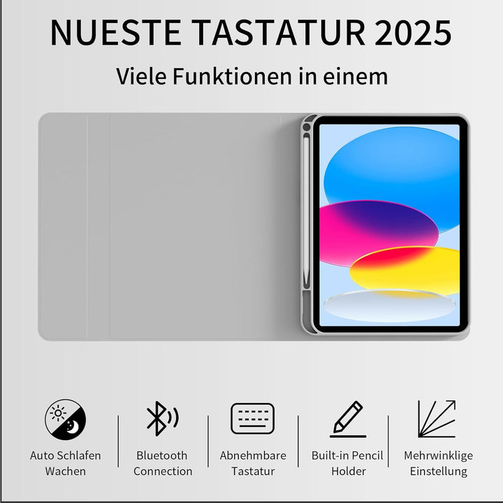 Hülle mit Tastatur für iPad A16 11 Generation 2025/10 Generation 2022 (11/10.9 Zoll), QWERTZ Layout,