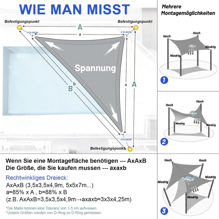 LOVE STORY Sonnensegel Dreieckig 4x4x5.65m Wasserdicht Hellgrau Sonnenschutz Windschutz Segel PES Po