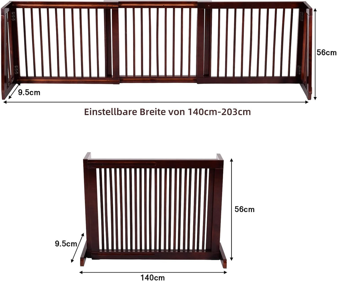 GYMAX Freistehendes Absperrgitter Holz, 140-203 cm einziehbares Haustiergitter, Hundegitter mit 2 St