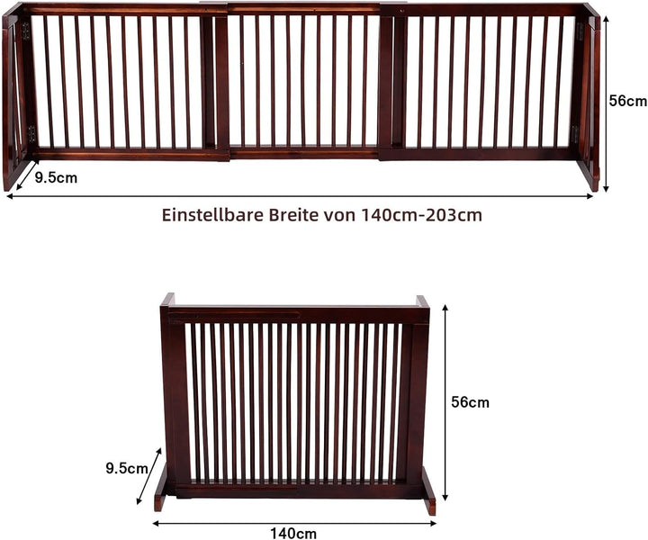 GYMAX Freistehendes Absperrgitter Holz, 140-203 cm einziehbares Haustiergitter, Hundegitter mit 2 St