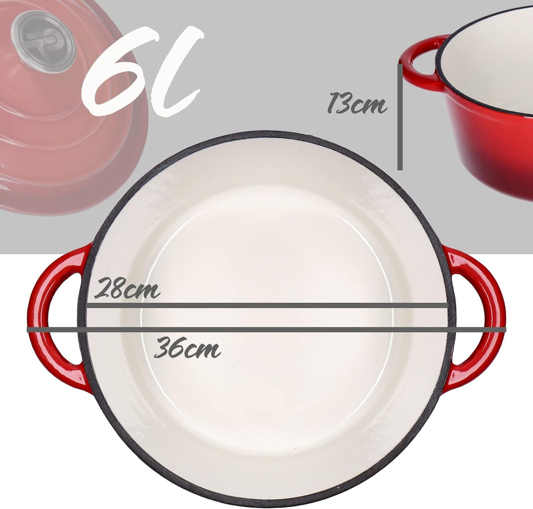 Kochtopf, Kasserole Fleischtopf aus emailliertem Gusseisen mit Deckel 6L, Ø28cm Edelstahl-Knauf, für