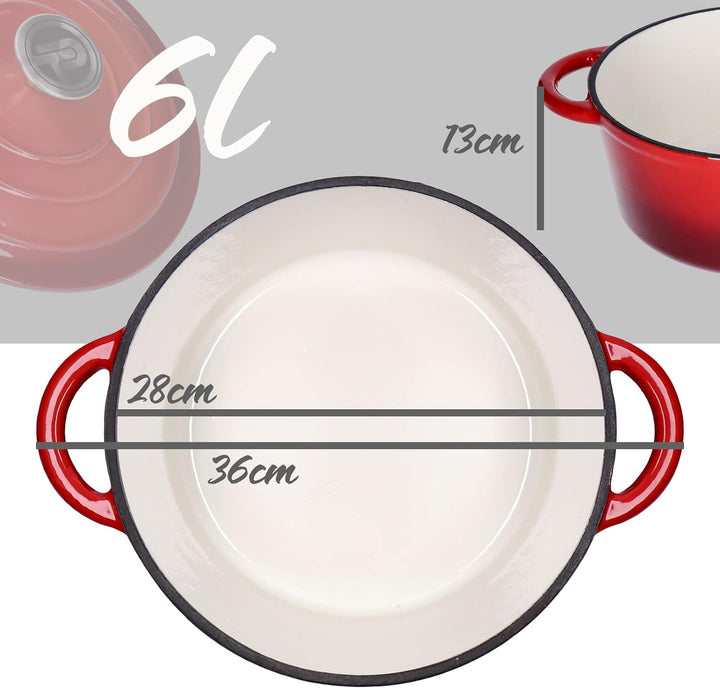 Kochtopf, Kasserole Fleischtopf aus emailliertem Gusseisen mit Deckel 6L, Ø28cm Edelstahl-Knauf, für