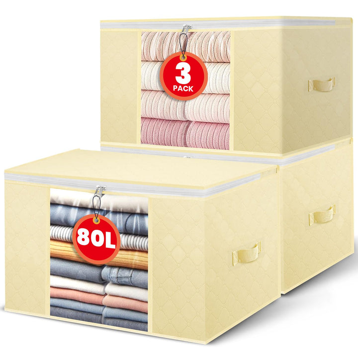 3er-Set Faltbare Aufbewahrungstaschen 80L – Cremeweiss – 3-Lagiges Material Mit Transparenter PVC-Fe