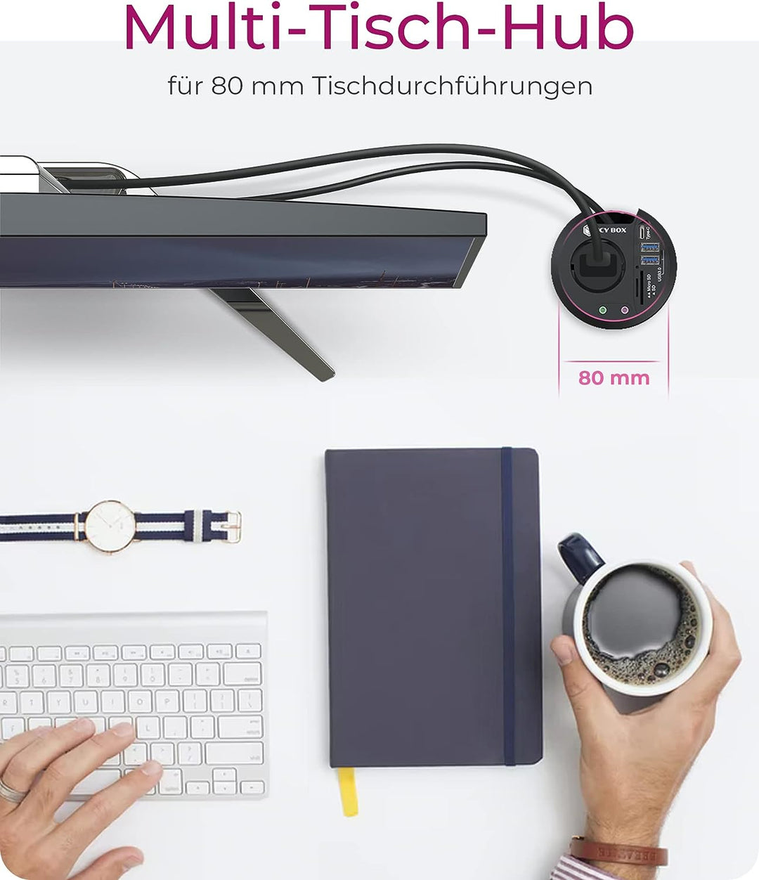 ICY BOX Tisch-Hub mit SD/microSD Kartenleser, 2X Type-A, USB-C, 2X 3,5 mm Audio, IB-HUB1430-CR, 80 m
