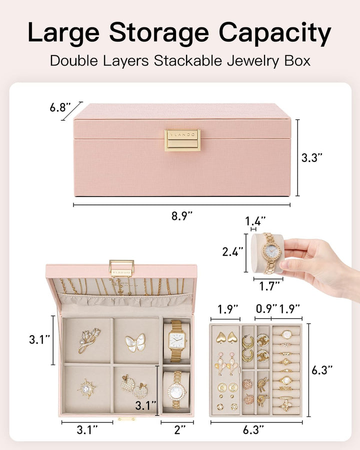 VLANDO 2-lagige Schmuckschatulle, grosser Schmuck-Organizer für Damen, abnehmbares Schmucktablett mi