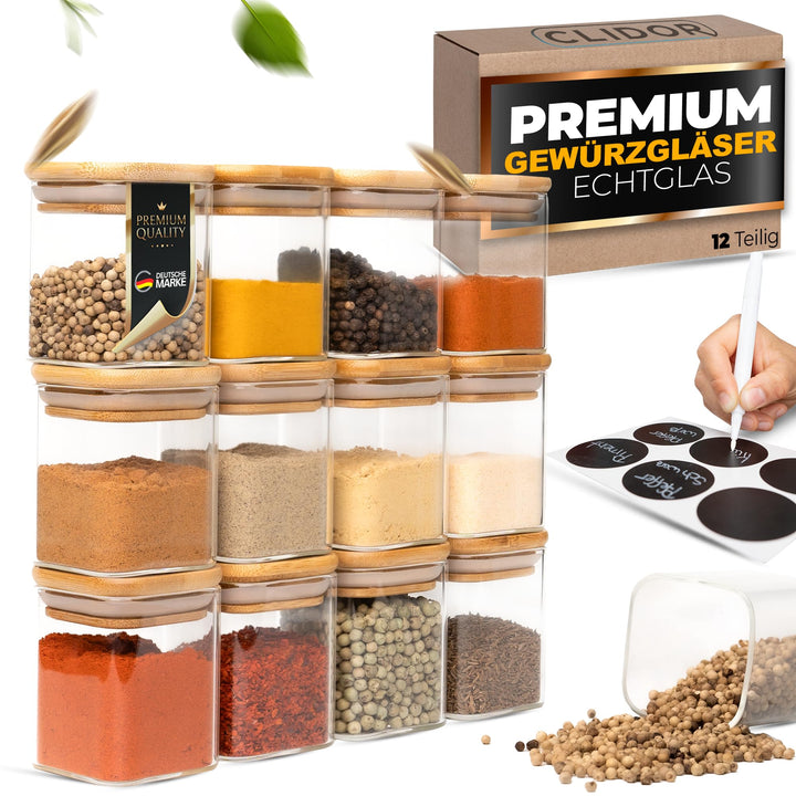 CLIDOR ® - Gewürzgläser Eckig - 12 x 160 ML ( innovative 3mm Glasdicke ) luftdichte Gewürzdosen - st