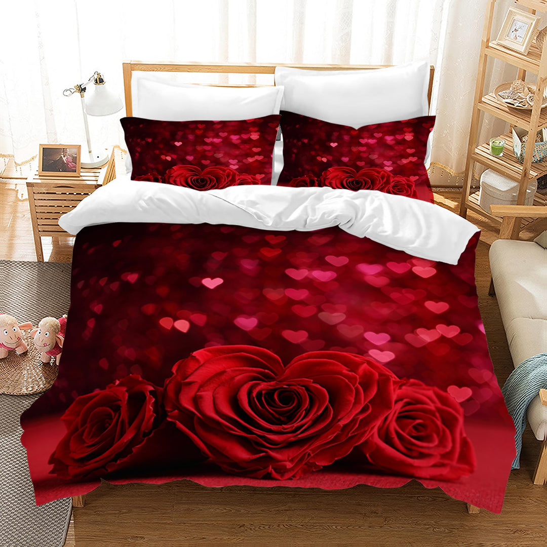 Bettwäsche 3D Rot Rose Bettbezug Set mit Reissverschluss und 2 Kissenbezug, Mikrofaser Kreative Rose