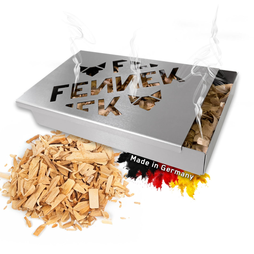 FENNEK Räucherbox für z.B. Räucherlachs | ca. 20 x 13 x 3 cm | Aus hitzebeständigem Edelstahl | 0,7