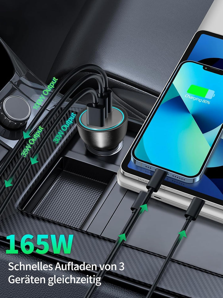 Rocoren KFZ Ladegerät USB C 165W, PD3.1 140W QC5.0 PPS 3-Ports Schnellladegerät Auto Ladegerät Adapt