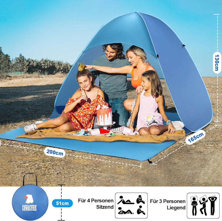 COVACURE Strandmuschel Pop Up XXL Strandzelt für 3–4 Personen, mit UV-Schutz UPF 50+ Ideal für Stran