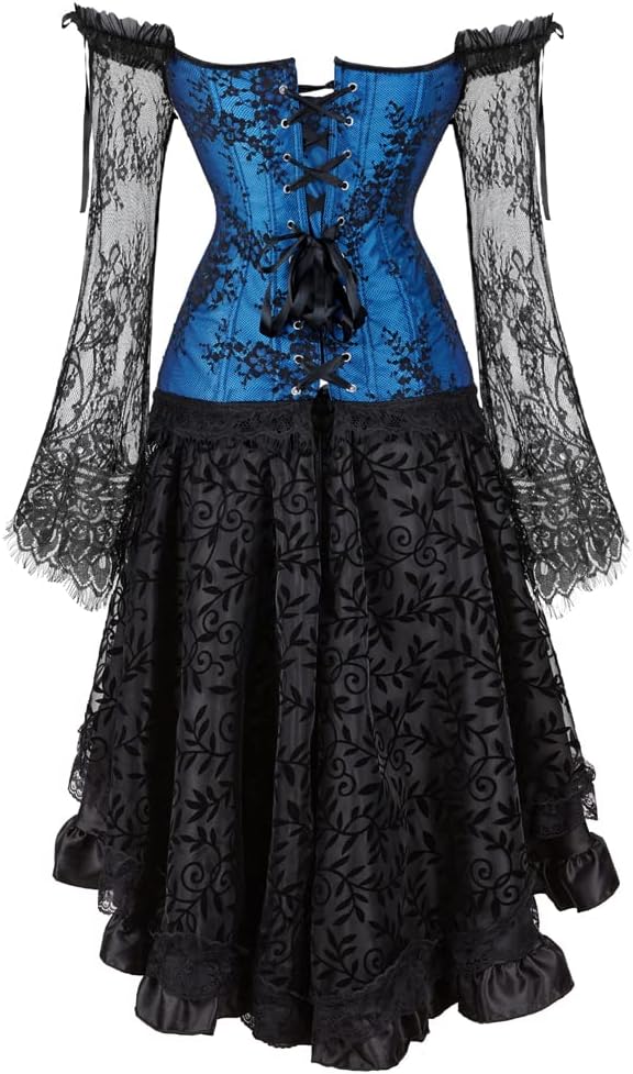Grebrafan Gothic Korsett Corsage Taillen Korsett Dirndl Bluse Trachten Shirt mit Tüllrock 44-46 Blau