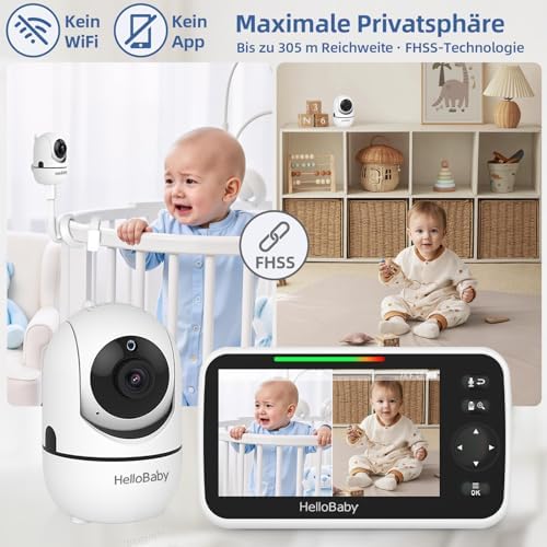 HelloBaby Babyfon ohne WLAN mit Halterung, 5-Zoll-IPS-Bildschirm und 30 Stunden Akkulaufzeit mit VOX