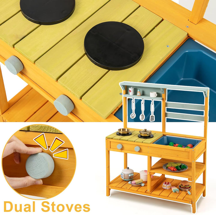 HOMASIS Matschküche Kinder Outdoor, Kinderküche mit Waschbecken Spüle Herd, Spielküche Holz, Spielze