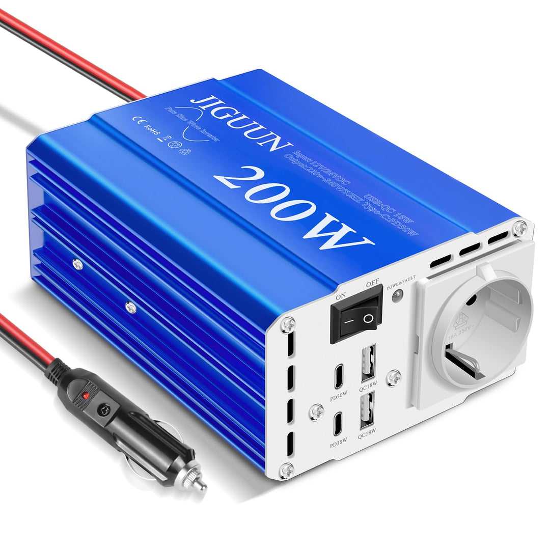 JIGUUN 200W Wechselrichter 12V/24V auf 230V Reiner Sinus Spannungswandler mit EU Steckdose,2 USB,2 T