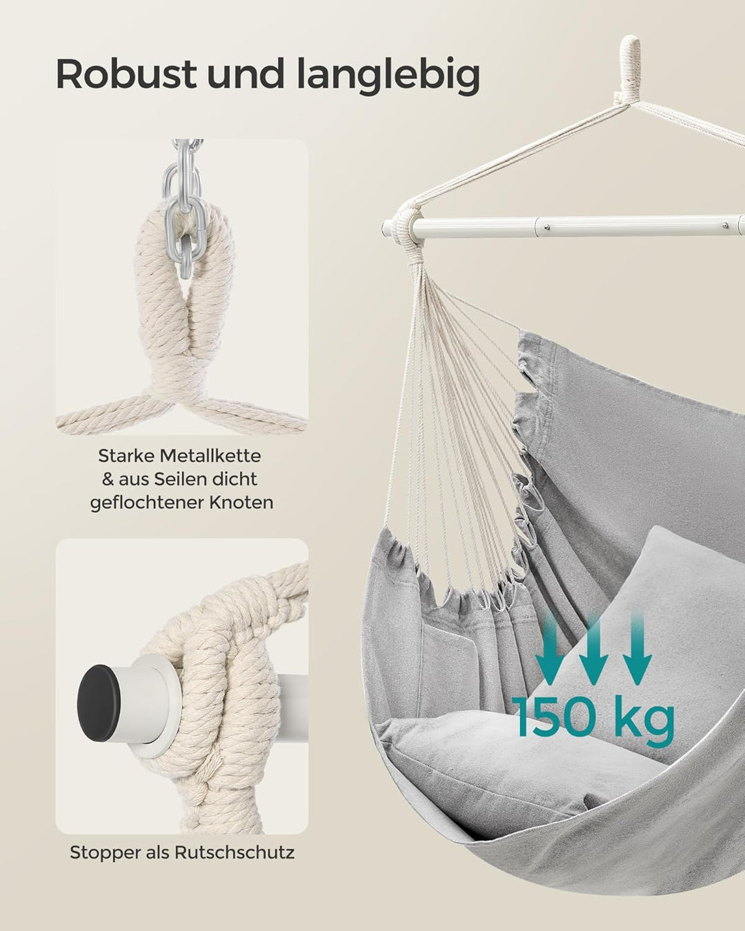 SONGMICS Hängesessel, Hängeschaukel, Hängestuhl mit 2 Kissen, Metallkette, bis 150 kg belastbar, Ind