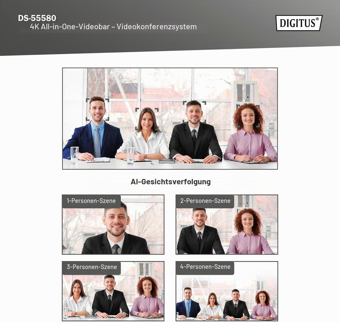 DIGITUS DS-55580 Video Bar Pro, Video-Konferenz-System – 4K UHD 30 Hz ePTZ Webcam Kamera – 1 Tischmi