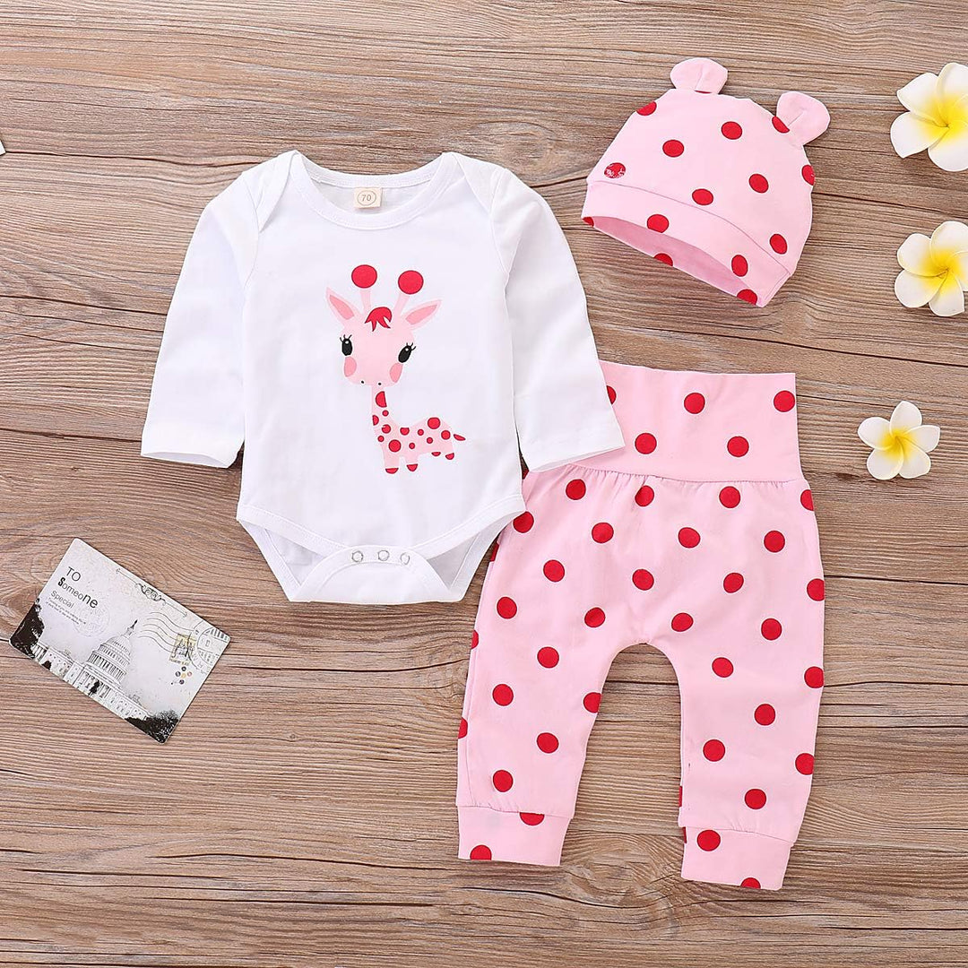 Neugeborene Baby Mädchen Kleidung Giraffe Strampler+Rosa Punkt Hose+ Hat 3Pcs Bekleidungssets 12–18