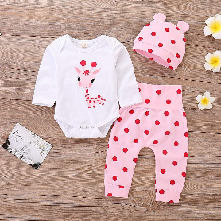 Neugeborene Baby Mädchen Kleidung Giraffe Strampler+Rosa Punkt Hose+ Hat 3Pcs Bekleidungssets 12–18