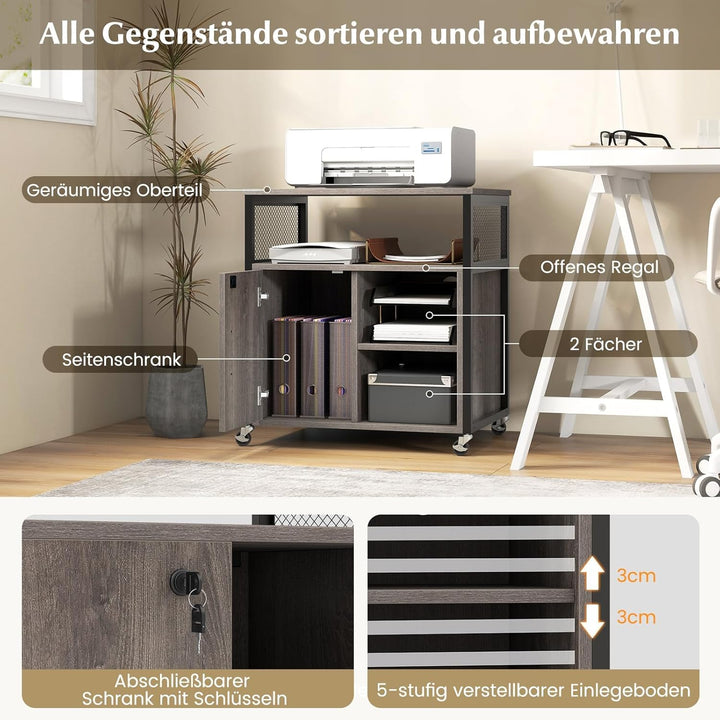 FANTASK Büroschrank auf Rollen, Aktenschrank mit Ladestation, Kabelmanagement & abschliessbaren Räde