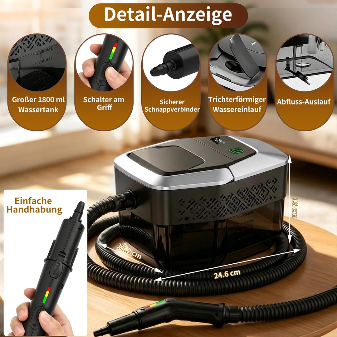 Dampfreiniger Handgerät, 2500W Handdampfreiniger mit Stufengriff, 8 Düsen, 1,8L Tank, 3 Dampfstufen,