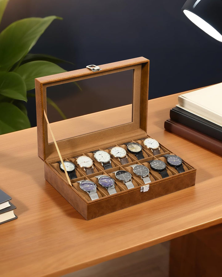 Uten Uhrenbox mit 12 Fächern, Uhrenbox mit Glasabdeckung, Uhrendisplay Aufbewahrungsbox für Damen un