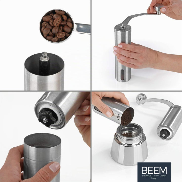 BEEM GRIND-2-GO Manuelle Kaffeemühle – 40 g | Kegelmahlwerk | Mahlgrad-Einstellung stufenlos | Baumw