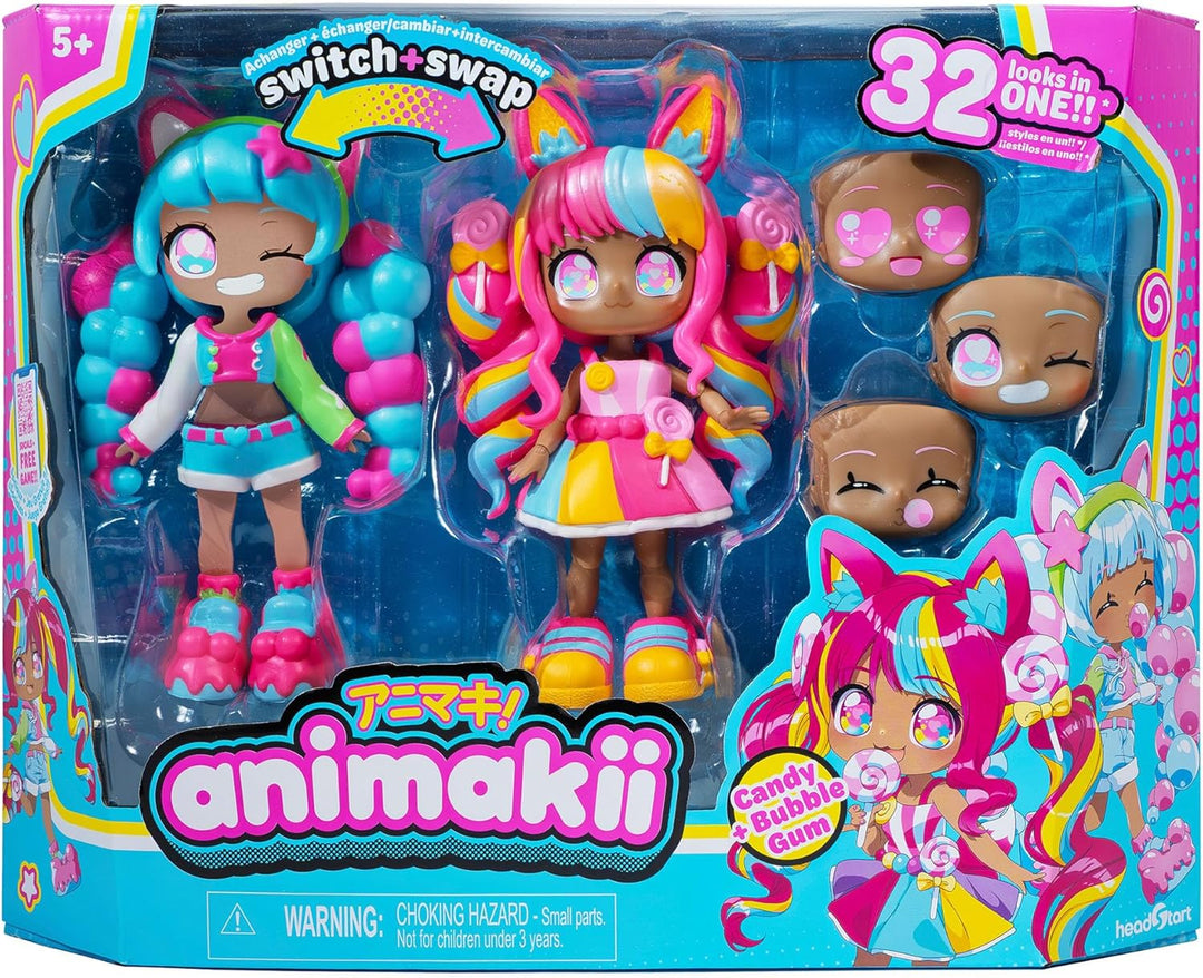 BANDAI - Animakii Lollipop und Bubblegum - Set Personalisierbare Puppen - 1 Puppe, 4 Gesichter, 2 Fr