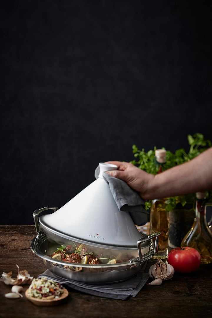 Scanpan Impact Tagine Topf 28 cm, 3,2 l | Edelstahl mit Keramikdeckel | Für alle Herdarten inkl. Ind