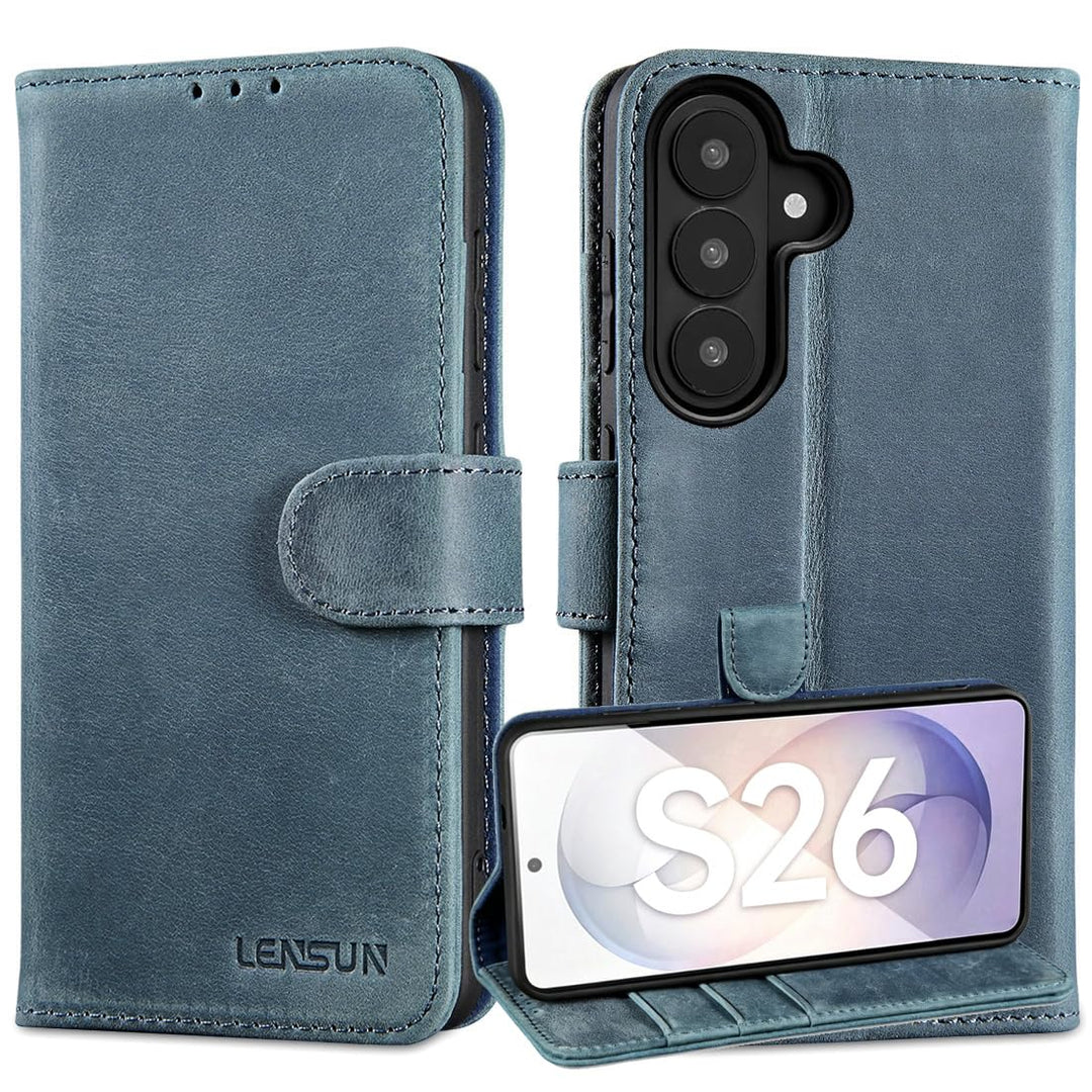 LENSUN Lederhülle für Samsung Galaxy S26 5G, Echtleder Handyhülle [Brieftasche][Bookstyle Schutzhüll