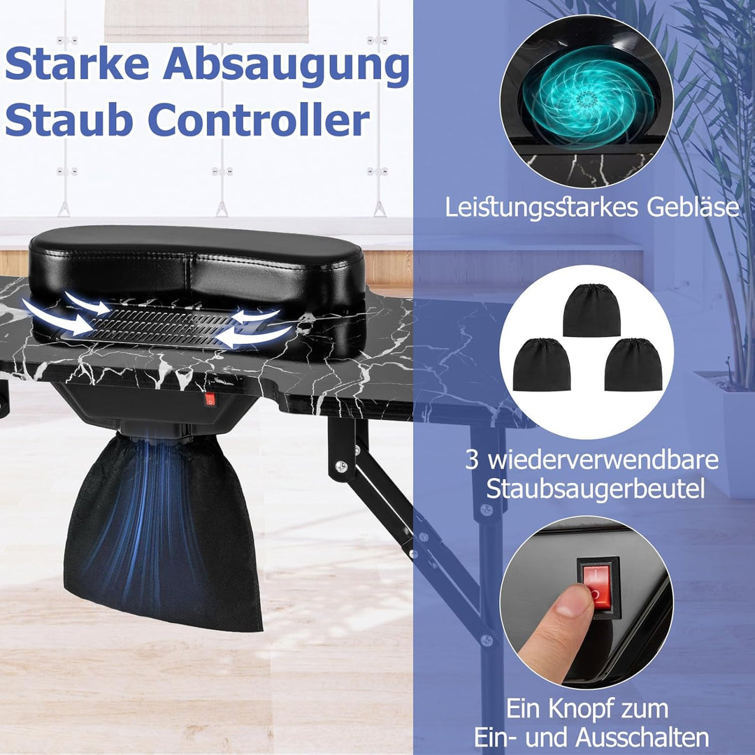 COSTWAY Maniküretisch klappbar, Nageltisch mit elektrischem Staubsammler, LED-Lampe, Handgelenkaufla