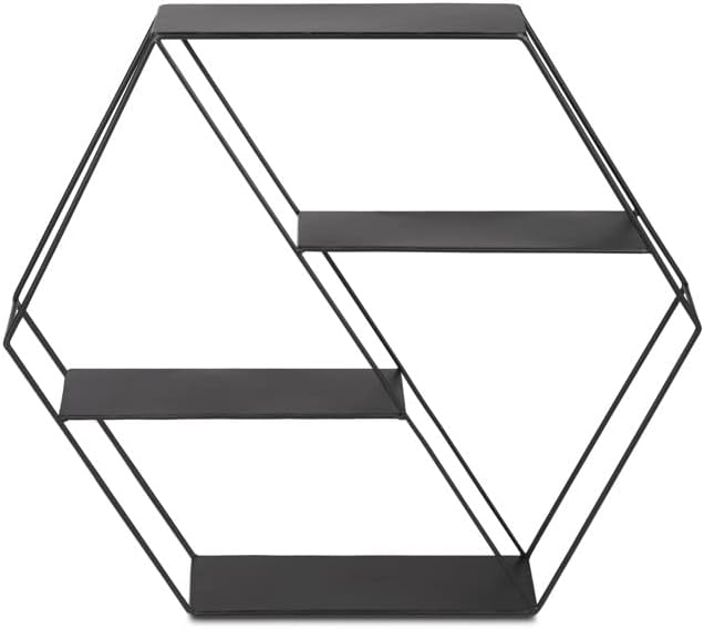 LIFA LIVING Hexagon Wandregal aus Metall mit 4 Böden, Schwarzes Schweberegal im Industrie Design, Se