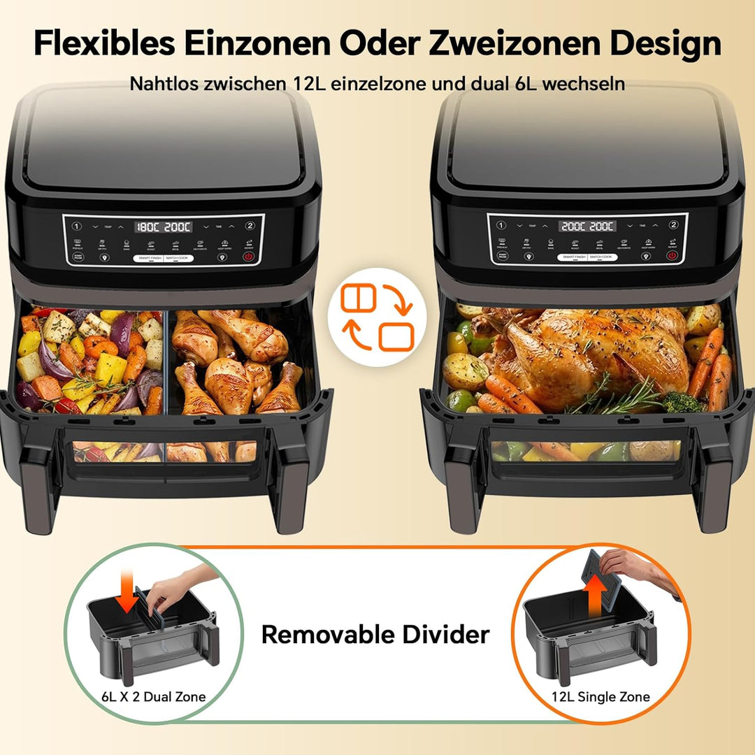 Heissluftfritteuse 12L XXL 2-in-1 Dual-Zone-Technologie, 2600W Doppel-Heizelement Air Fryer mit Sich