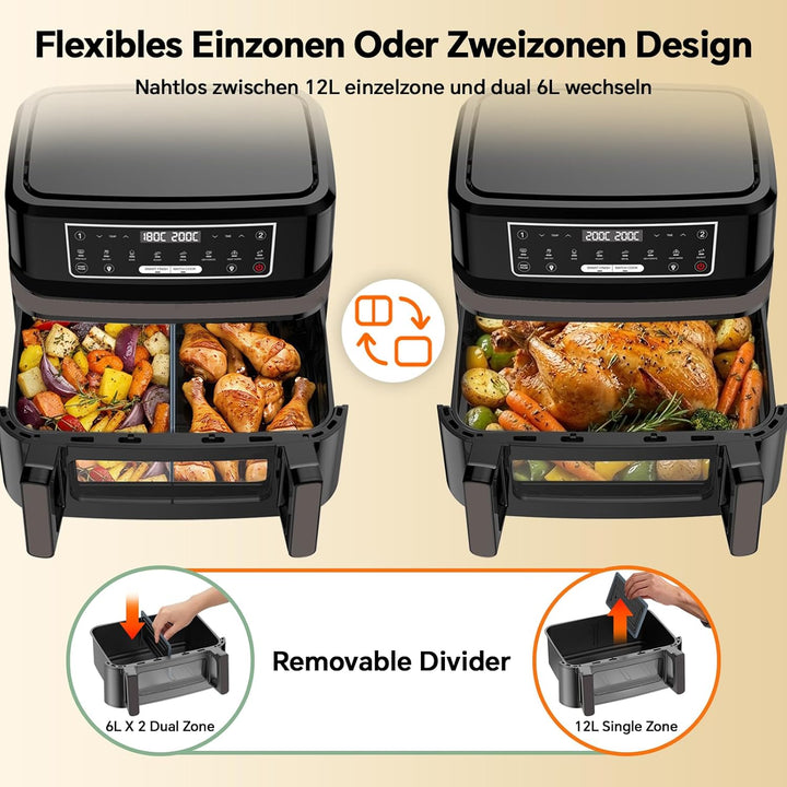 Emphsism Heissluftfritteuse 12L XXL - Airfryer 2 Kammern Variable Flex-Zone, Separate Temper 200 Gra