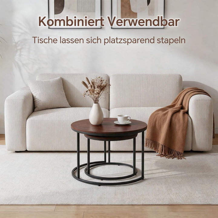 Couchtisch 2er Set, Moderne Couch Tisch mit Schwarz Metallgestell, Couchtisch Eiche, Couchtische Run