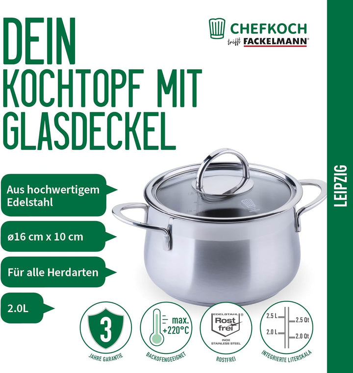 FACKELMANN Chefkoch Topf Ø16 cm München aus Edelstahl – Hochwertiger Kochtopf Ausschüttfunktion – Fü