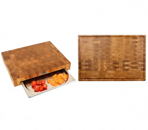 B4K® Profi-Küchenbrett-Set aus Eiche – Stirnholz Schneidebrett 40×30×6 cm mit Auffangschale + Hackbl