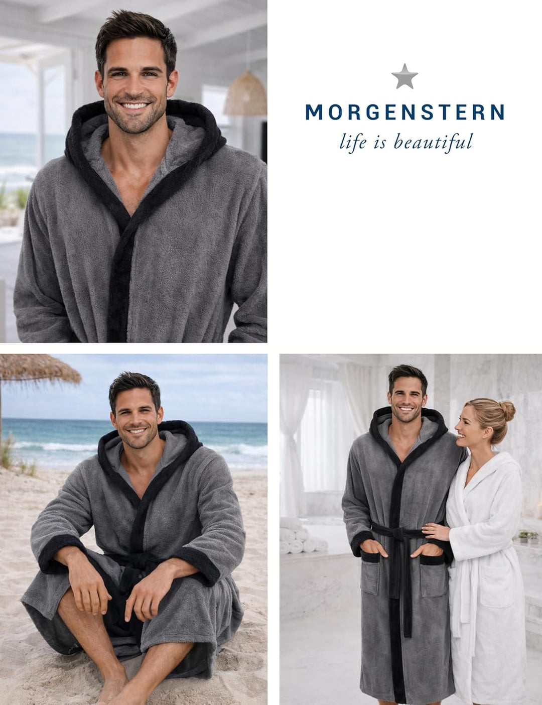 Morgenstern Bademantel Herren Kapuze Frottee 100% Baumwolle Lang Cadiz Salamanca M Grau-Schwarzgrau,