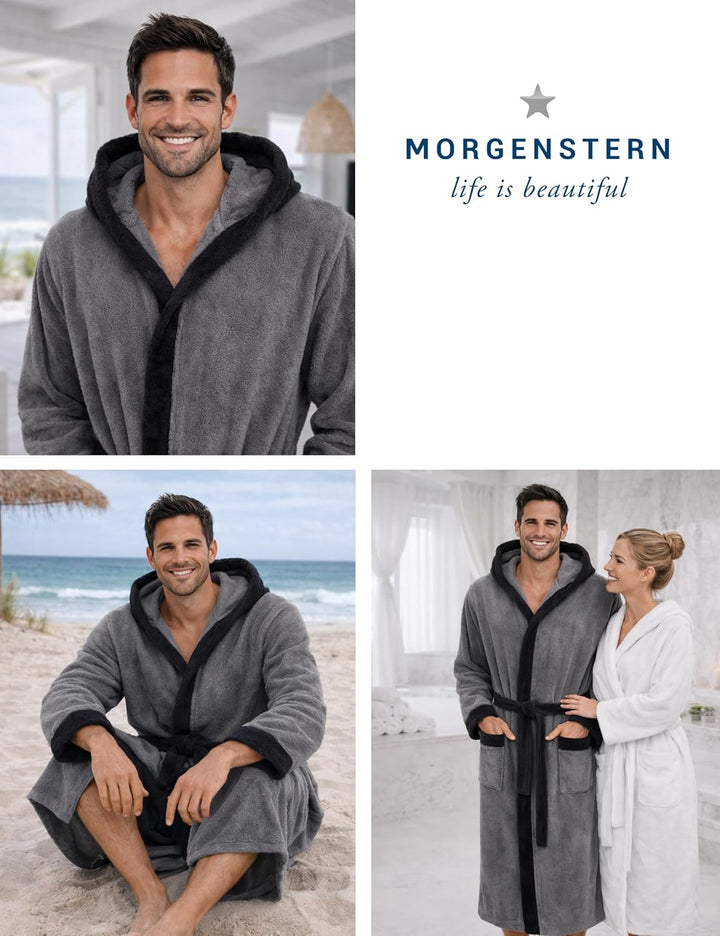 Morgenstern Bademantel Herren Kapuze Frottee 100% Baumwolle Lang Cadiz Salamanca M Grau-Schwarzgrau,