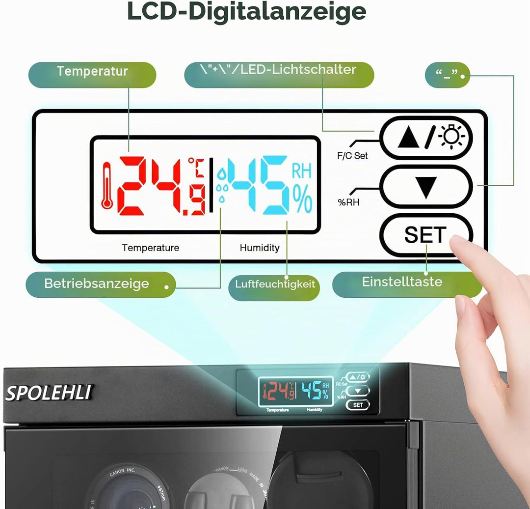 Spolehli Trockenschrank Kamera Digital Control Luftentfeuchter 55L Elektronische Trockenbox mit LED-