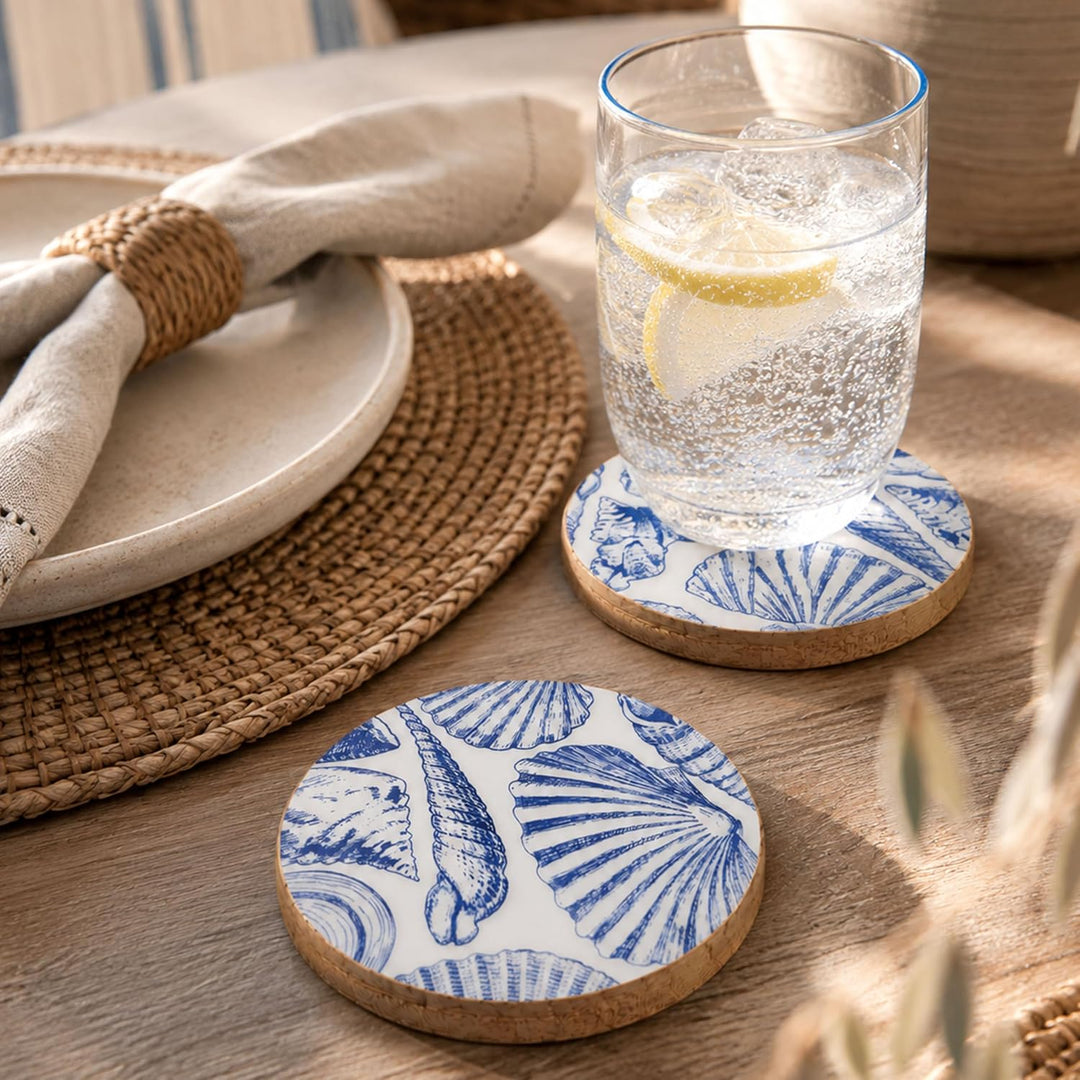 Decorasian Emaillierte Glasuntersetzer aus Mangoholz – 6er Set mit Halter Box (Ø 9,5cm) – Handgefert