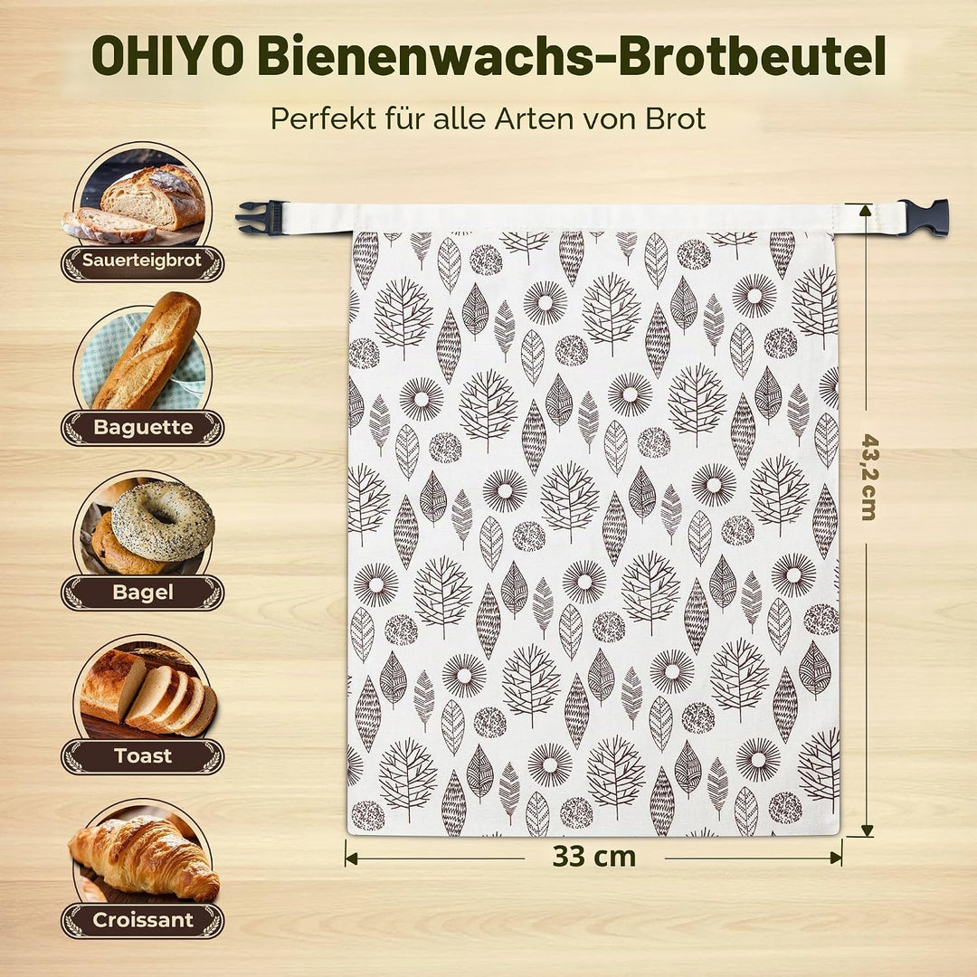 OHIYO Wiederverwendbare Bienenwachs Brotbeutel 43cm×33cm, natürliche Bienenwachs-beschichtete Baumwo