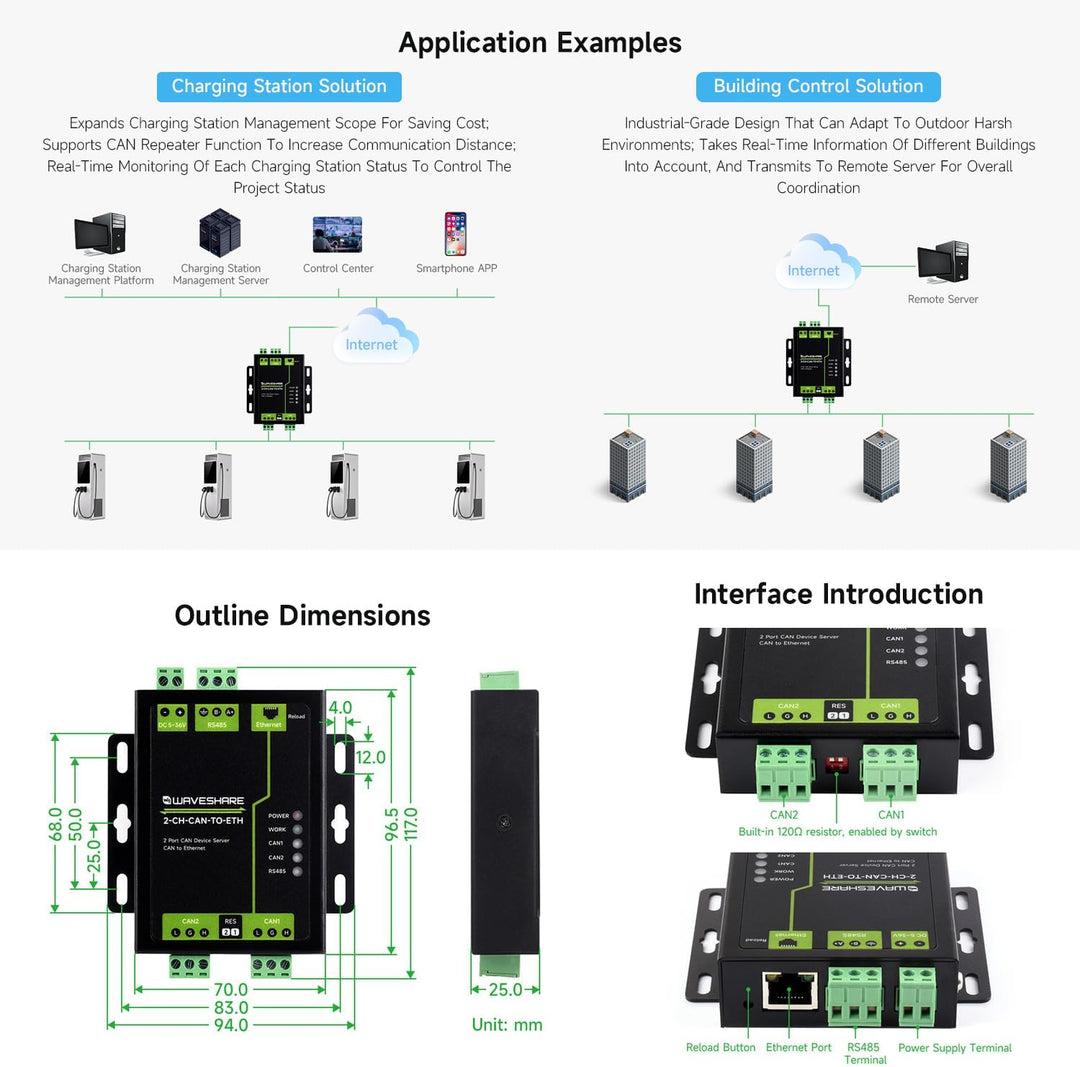 Waveshare 2-Channel CAN Bus to Ethernet Gateway Server with RS485 Port, Industrial Protocol Converte