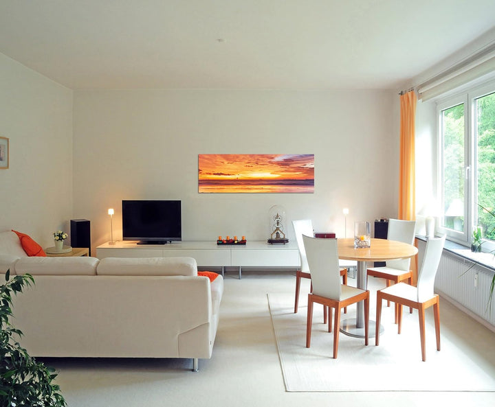 Paul Sinus Art Panoramabild auf Leinwand und Keilrahmen 120x40cm Strand Meer Sonnenuntergang Wolkens